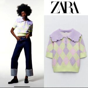 ZARA LAVENDER ARGYLE SHORT SLEEVE FURRY EYELASH CHUNKY KNIT SWEATER BUTTER SOFT